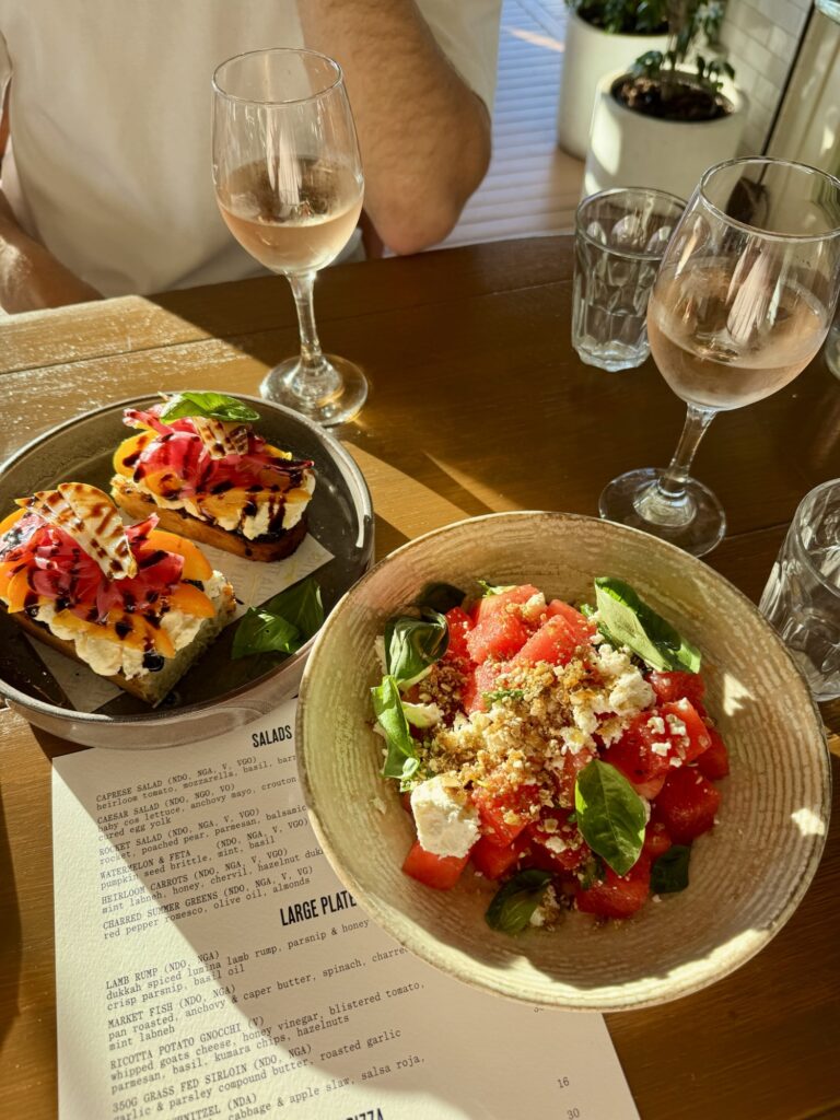 watermelon mint salad and bruschetta from Saint Alice in Auckland