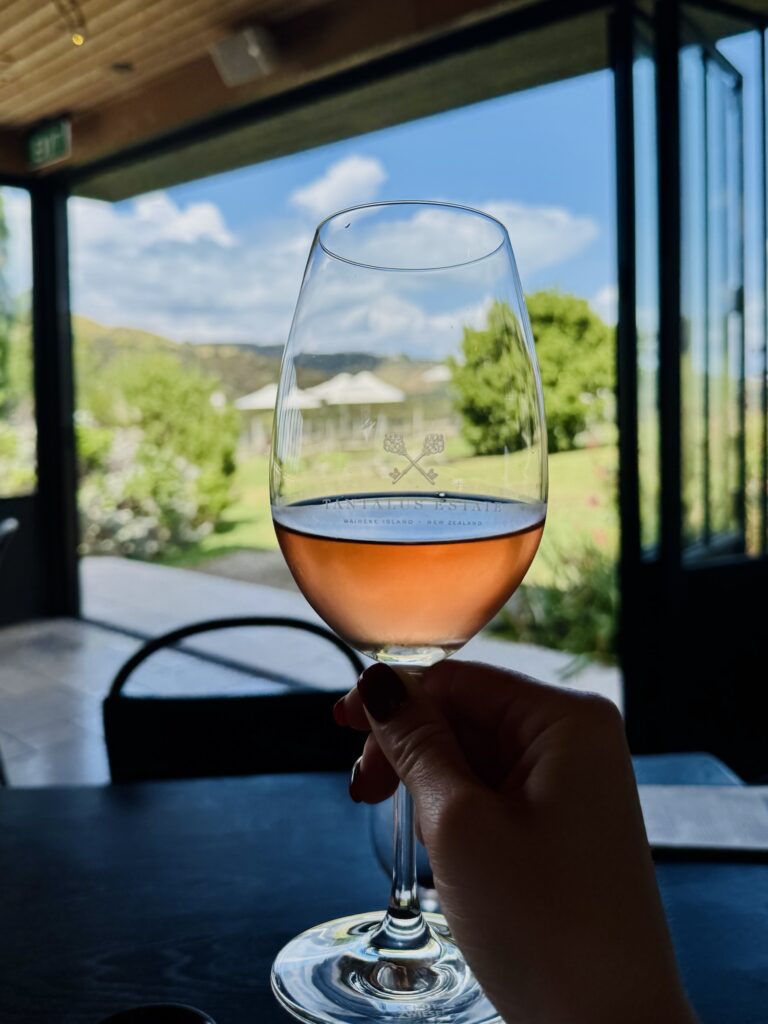 glass of rose at tantulus estate on waiheke island